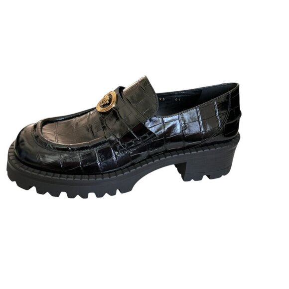 Versace Women’s Black croc-embossed Leather Medusa Mocassino Loafers, sizes - Picture 12 of 16
